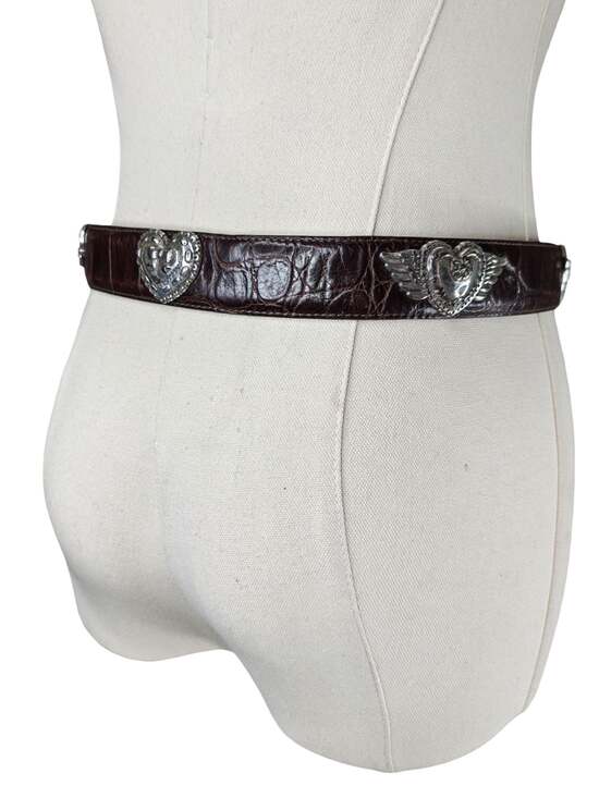 Brighton Women Brown Crocodile Embossed Leather Belt Silver Heart Charms Size M